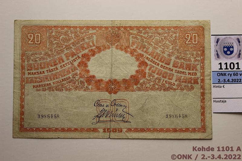 k-1101-a.jpg - Kohde 1101 (kuva 1/2), lhthinta: 100 € / myyntihinta: 150 € 20 mk 1909 (SNY 156.1) 3986458 COL-Ml, rep, preiki, Klingsten-Kirmasen vrenne, kunto: 3
