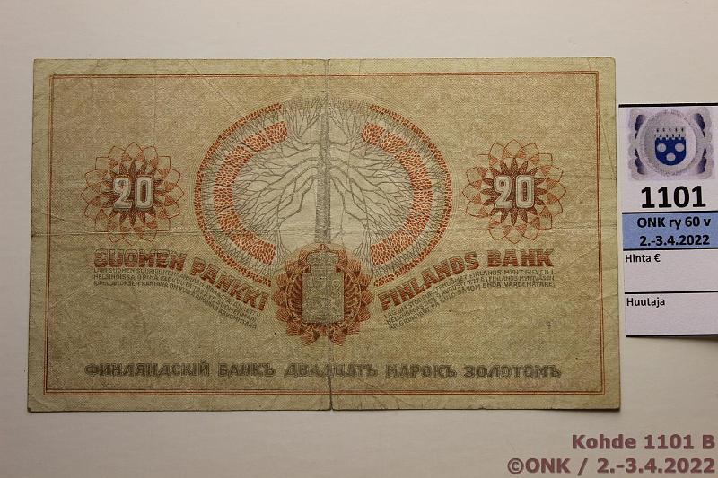 k-1101-b.jpg - Kohde 1101 (kuva 2/2), lhthinta: 100 € / myyntihinta: 150 € 20 mk 1909 (SNY 156.1) 3986458 COL-Ml, rep, preiki, Klingsten-Kirmasen vrenne, kunto: 3