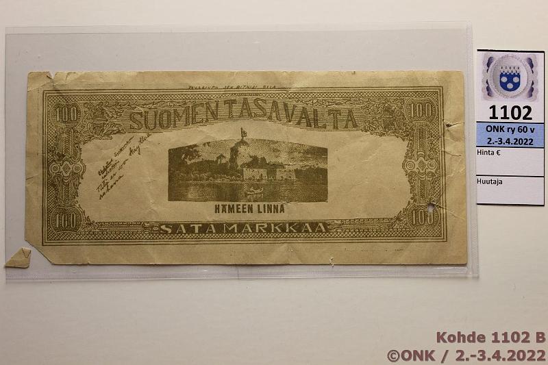 k-1102-b.jpg - Kohde 1102 (kuva 2/2), lhthinta: 10 € / myyntihinta: 18 € 100 mk 1954 Ehdotelma rahaksi (Amerikan suomalainen tekij), Kuva-aihe Kysti Kallio, km: Ehdotus no. 1 Suomen rahaksi. Kntpuolella Hmeen Linna ja km: Ehdotus Suomen rahaksi. Tt ei voi kytt rahana. Kulmapuutos. Aiheesta artikkeli Numismaatikko 3/85, kunto: 3