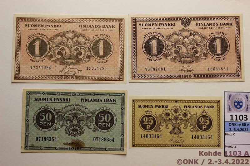 k-1103-a.jpg - Kohde 1103, lhthinta: 5 € / myyntihinta: 7 € 25 p - 1 mk (4) 1916-18 25p -18; 50p -18(tahra); 1mk -16, -18, kunto: 5-9