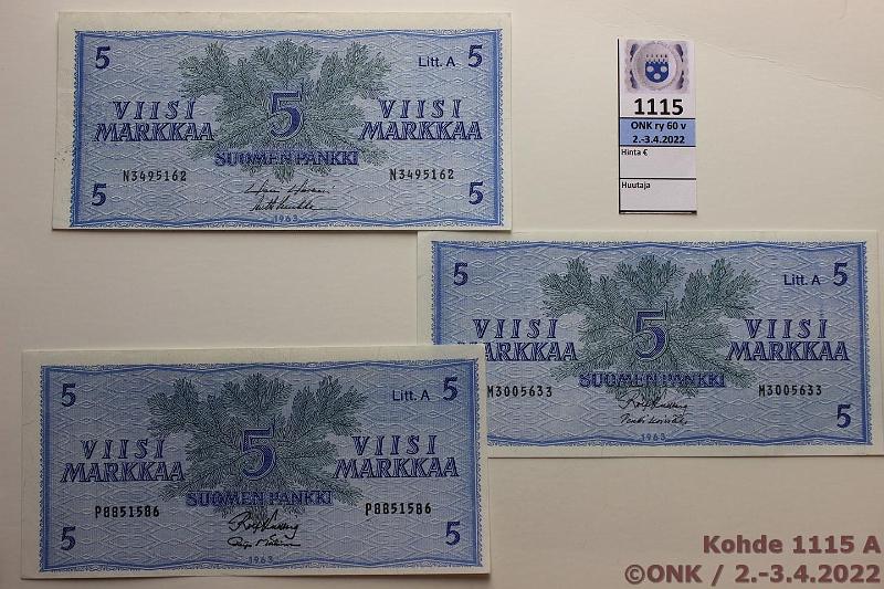 k-1115-a.jpg - Kohde 1115, lhthinta: 5 € / myyntihinta: 14 € 5 mk (3) 1963 LA M...KU I-Ko1, N..HOL-Luu (prep), P...KU I-M1, kaksi jlkimmist vinoon leikattu, kunto: 6-9