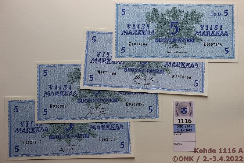 k-1116-a.jpg - Kohde 1116, lhthinta: 5 € / myyntihinta: 17 € 5 mk (4) 1963 LB F...AL I-M1, K...KU I-Nar, M...KO II-Leh, Z...UUS-H1, kunto: 8-9