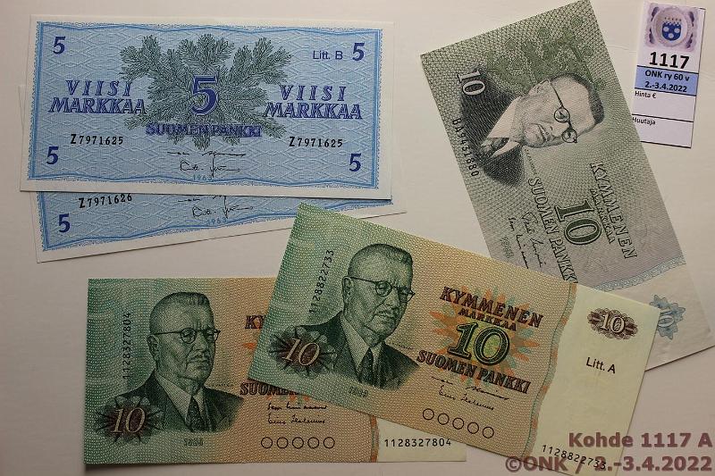 k-1117-a.jpg - Kohde 1117, lhthinta: 5 € / myyntihinta: 5 € 5 + 10 mk (5) 1963-80 5mk -63 LB(2); 10mk -63 LA, -80 LA(2), kunto: 7-8