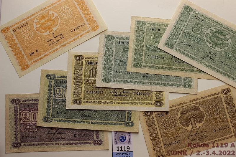 k-1119-a.jpg - Kohde 1119, lhthinta: 25 € / myyntihinta: 40 € 5 - 20 mk (8) 1922-45 5mk -22 LA+LB+LC, -45 LA; 10mk -22 LA, -39 LD; 20mk -39 LD, -45 LA, kunto: 4-8