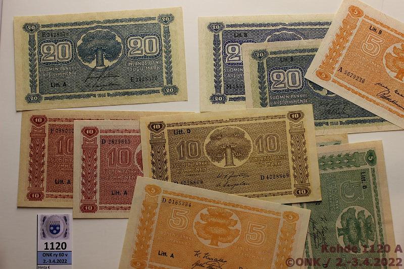 k-1120-a.jpg - Kohde 1120, lhthinta: 50 € / myyntihinta: 76 € 5 - 20 mk (10) 1939-45 5mk -39 LD(2), -45 LA+LB; 10mk -39 LD, -45 LA(2); 20mk -45 LA+LB(2). Hyvi!, kunto: 7-8