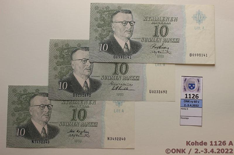 k-1126-a.jpg - Kohde 1126, lhthinta: 5 € / myyntihinta: 11 € 10 mk (3) 1963 LA N...KA I-Tr, U...HET-Luu, ...KU I-Tr, harv ak-pari (v), vl 1, kunto: 6-8
