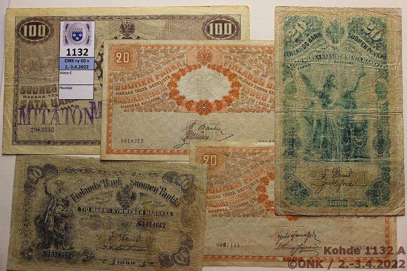 k-1132-a.jpg - Kohde 1132, lhthinta: 30 € / myyntihinta: 54 € 10 - 100 mk (5) 1898-1909 10mk 1898 1374652; 20mk 1898 2370352, 1909 KV 9918272, 1909 KV 9997444; 100mk 1909 KV 2963030, kunto: 2-4