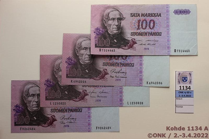 k-1134-a.jpg - Kohde 1134, lhthinta: 20 € / myyntihinta: 26 € 100 mk (4) 1976 D...AL I-Pu1, F...KU I-M1, K...KU I-Lin, L...HOL-Hes, kunto: 4-5