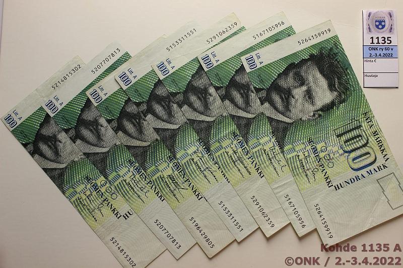k-1135-a.jpg - Kohde 1135, lhthinta: 25 € / myyntihinta: 27 € 100 mk (7) 1986 LA Numerosarjat 15, 16, 19, 20, 21, 26 ja 29, 6 eri ak-paria, kunto: 4-5