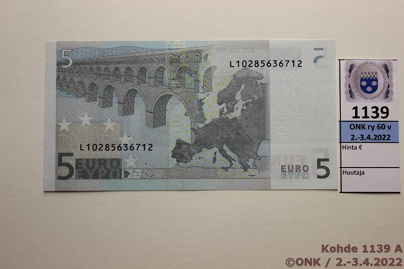 k-1139-a.jpg - Kohde 1139, lhthinta: 16 € / myyntihinta: 26 € Suomi 1/2/L/E11 L10285636712 Tri E011 J2, vaikein Suomen 5€, kunto: 9