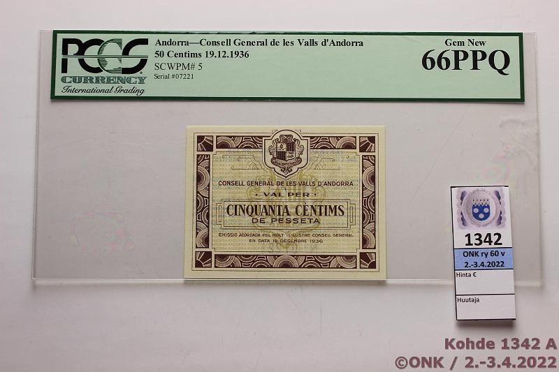 k-1342-a.jpg - Kohde 1342 (kuva 1/2), lhthinta: 300 € / myyntihinta: 300 € Andorra 50 centims P#5 PCGS slabissa 66 PPQ, kunto: 9