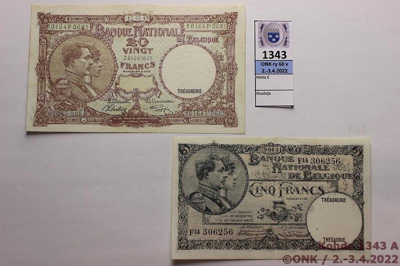 k-1343-a.jpg - Kohde 1343 (kuva 1/2), lhthinta: 20 € / myyntihinta: 20 € Belgia 5 + 20 fr 1931, -43 P#97b, 111, kunto: 8, 7