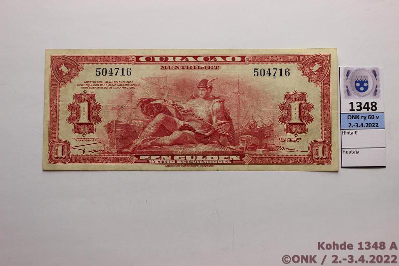 k-1348-a.jpg - Kohde 1348 (kuva 1/2), lhthinta: 110 € / myyntihinta: 110 € Curacao 1 gulden 1942 P#35a 504716, sil?, kunto: 5