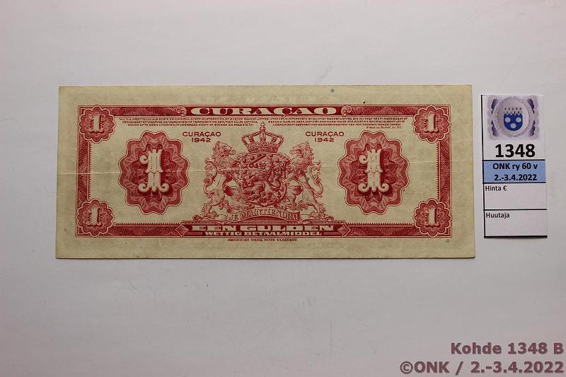 k-1348-b.jpg - Kohde 1348 (kuva 2/2), lhthinta: 110 € / myyntihinta: 110 € Curacao 1 gulden 1942 P#35a 504716, sil?, kunto: 5