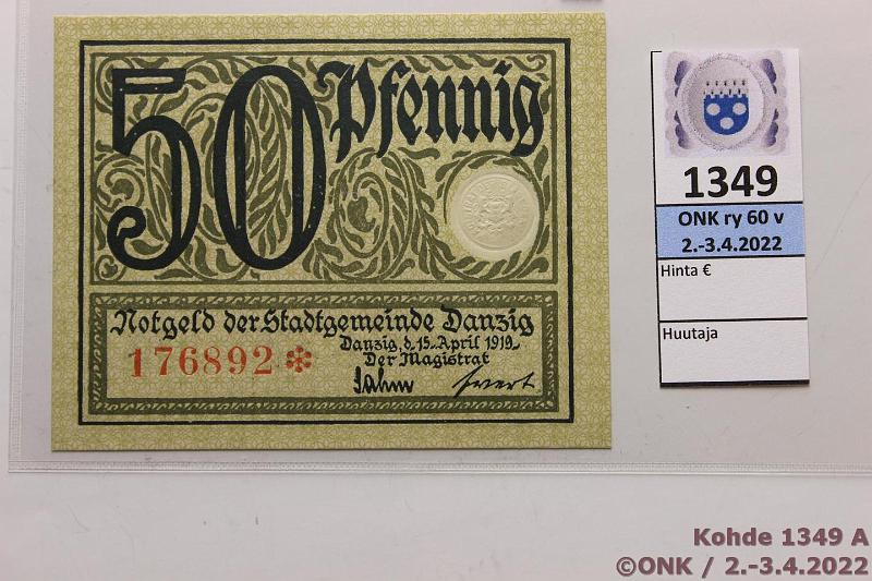 k-1349-a.jpg - Kohde 1349 (kuva 1/2), lhthinta: 27 € / ei tarjouksia Danzig 50 pf 1919 P#12 176892*, kunto: 9