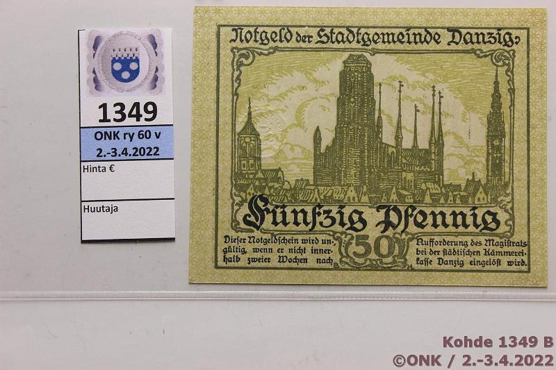 k-1349-b.jpg - Kohde 1349 (kuva 2/2), lhthinta: 27 € / ei tarjouksia Danzig 50 pf 1919 P#12 176892*, kunto: 9
