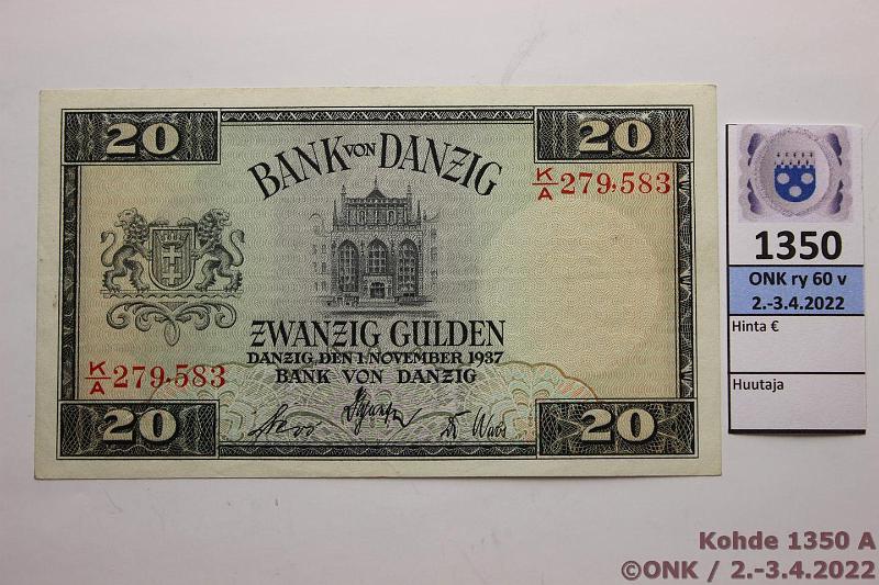 k-1350-a.jpg - Kohde 1350 (kuva 1/2), lhthinta: 420 € / ei tarjouksia Danzig 20 gulden 1937 P#63 K/A 279,583, silitetty?, kunto: 6