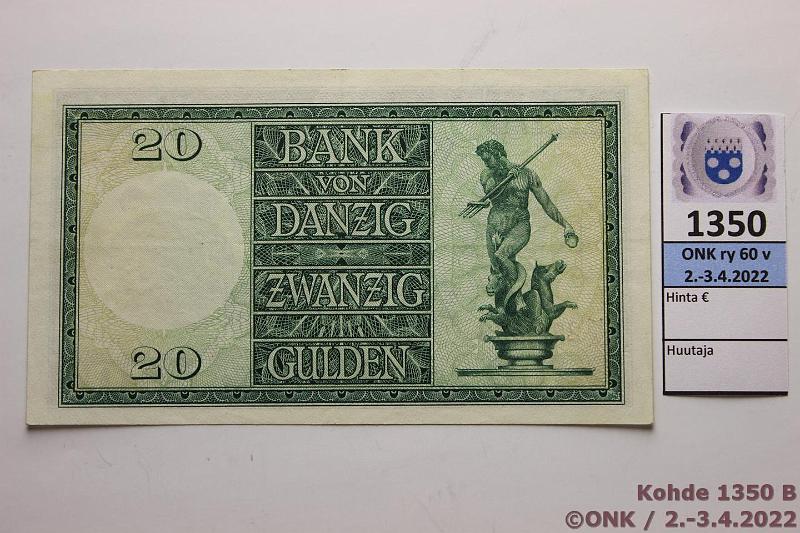 k-1350-b.jpg - Kohde 1350 (kuva 2/2), lhthinta: 420 € / ei tarjouksia Danzig 20 gulden 1937 P#63 K/A 279,583, silitetty?, kunto: 6