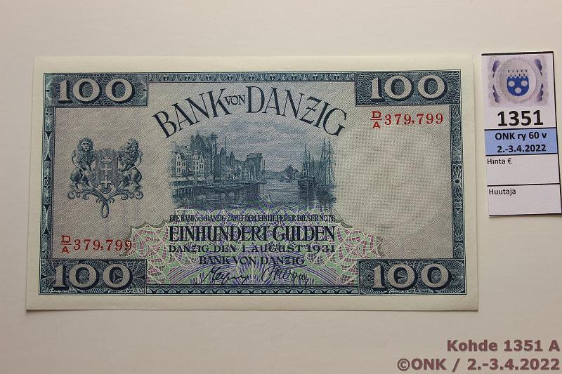 k-1351-a.jpg - Kohde 1351 (kuva 1/2), lhthinta: 975 € / myyntihinta: 1010 € Danzig 100 gulden 1934 P#62 D/A 379,799, kunto: 8