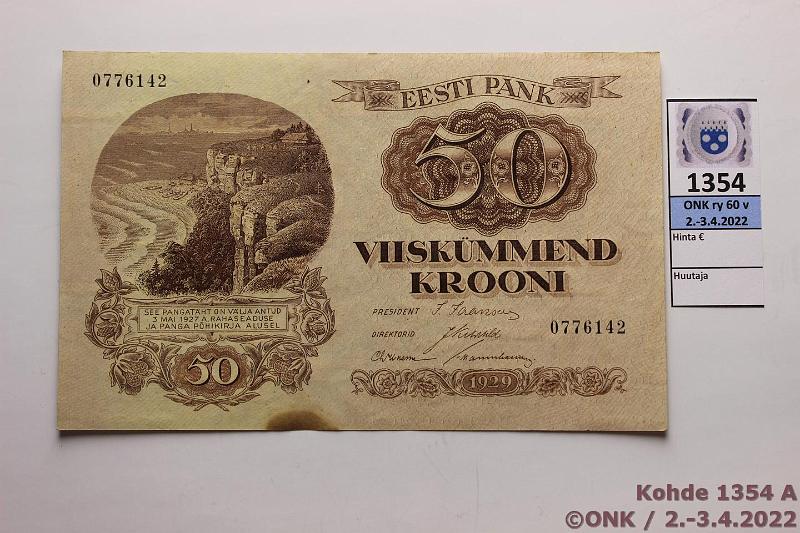k-1354-a.jpg - Kohde 1354, lhthinta: 35 € / myyntihinta: 35 € Eesti 50 kr 1929 P#65a 0776142, taittamaton seteli, tahra, kunto: 8