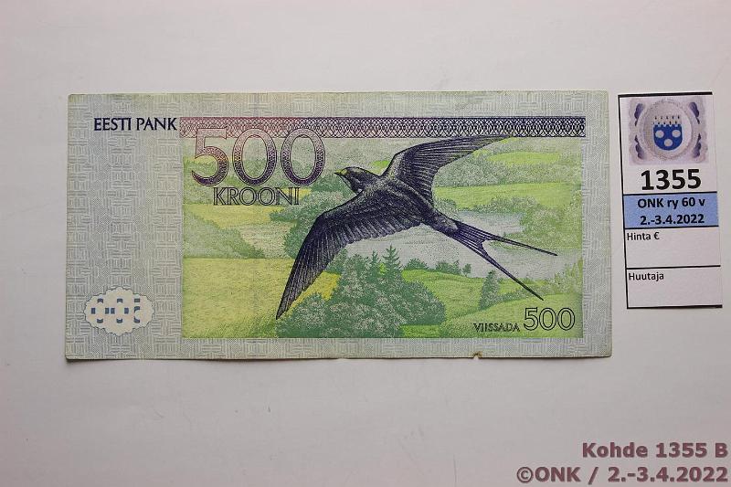 k-1355-b.jpg - Kohde 1355 (kuva 2/2), lhthinta: 20 € / myyntihinta: 30 € Eesti 500 kr 1996 P#81 AL741897, kunto: 4