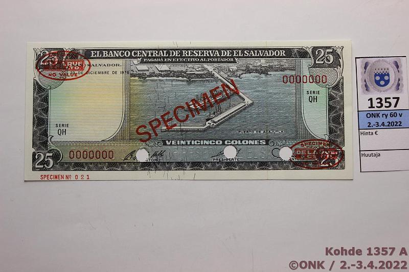 k-1357-a.jpg - Kohde 1357 (kuva 1/2), lhthinta: 60 € / ei tarjouksia El Salvador 25 colones 1976 P#121s 3 lvistysreik ja SPECIMEN-vinoleima molemmilla puolilla; (De La Rue No 021), kunto: 9