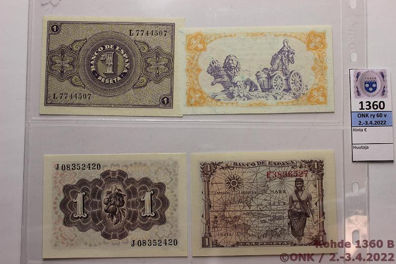 k-1360-b.jpg - Kohde 1360 (kuva 2/2), lhthinta: 60 € / myyntihinta: 64 € Espanja 1 pta (4) 1937-1948 P#94, 108, 128 ja 135, kunto: 9