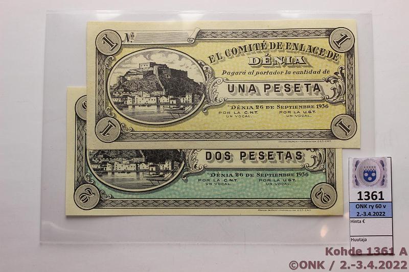 k-1361-a.jpg - Kohde 1361 (kuva 1/2), lhthinta: 12 € / myyntihinta: 26 € Espanja 1 + 2 ptas 1936 Sisllissodan aikaista paikallisrahaa, Alicante (Denia), kunto: 9