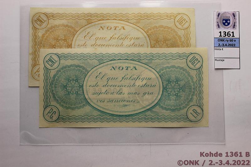 k-1361-b.jpg - Kohde 1361 (kuva 2/2), lhthinta: 12 € / myyntihinta: 26 € Espanja 1 + 2 ptas 1936 Sisllissodan aikaista paikallisrahaa, Alicante (Denia), kunto: 9