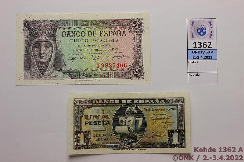 k-1362-a.jpg - Kohde 1362 (kuva 1/2), lhthinta: 95 € / myyntihinta: 95 € Espanja 1 + 5 ptas 1940, -43 P#122, 127, kunto: 9