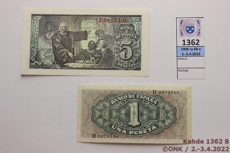 k-1362-b.jpg - Kohde 1362 (kuva 2/2), lhthinta: 95 € / myyntihinta: 95 € Espanja 1 + 5 ptas 1940, -43 P#122, 127, kunto: 9