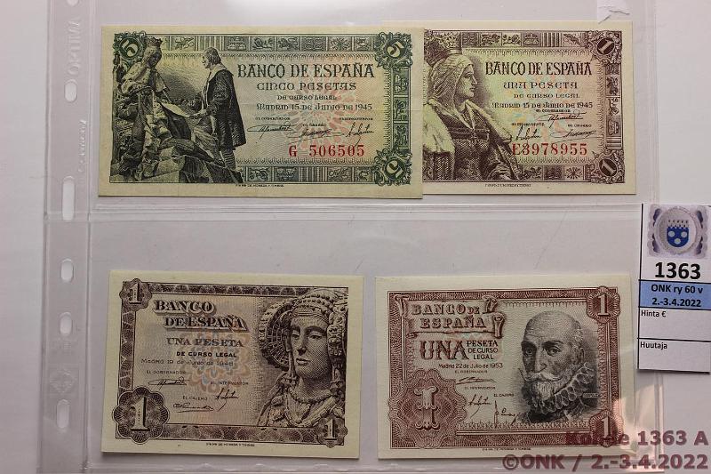 k-1363-a.jpg - Kohde 1363 (kuva 1/2), lhthinta: 25 € / myyntihinta: 25 € Espanja 1 + 5 ptas (4) 1945-53 P#128, 135, 144, 129 1p(3, kl9) ja 5p(kl5), kunto: 9, 5