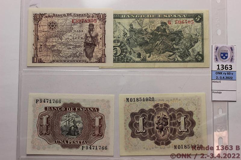 k-1363-b.jpg - Kohde 1363 (kuva 2/2), lhthinta: 25 € / myyntihinta: 25 € Espanja 1 + 5 ptas (4) 1945-53 P#128, 135, 144, 129 1p(3, kl9) ja 5p(kl5), kunto: 9, 5