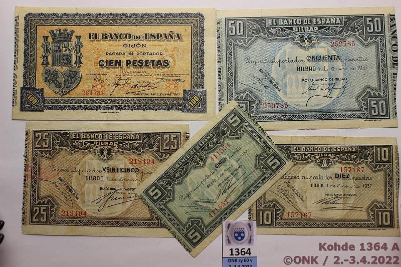 k-1364-a.jpg - Kohde 1364, lhthinta: 30 € / myyntihinta: 40 € Espanja 5 - 100 ptas (5) 1937 PS#561f, 562f, 563e, 564a, 580 Banco de Espana issue 5, 10, 25, 50 ja 100p, kunto: 5-8