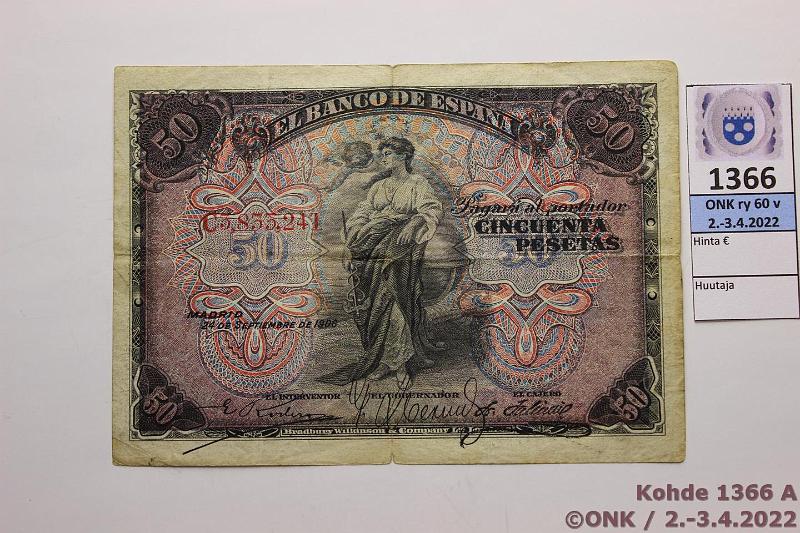 k-1366-a.jpg - Kohde 1366 (kuva 1/2), lhthinta: 30 € / myyntihinta: 30 € Espanja 50 ptas 1906 P#58 Rissej, pari pient reik, kunto: 3