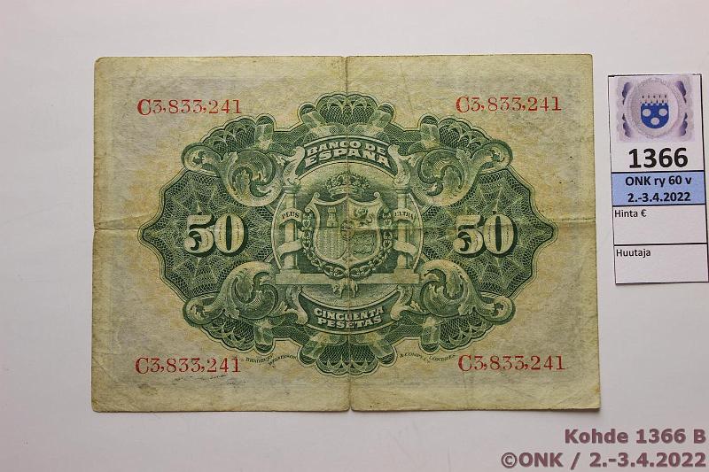 k-1366-b.jpg - Kohde 1366 (kuva 2/2), lhthinta: 30 € / myyntihinta: 30 € Espanja 50 ptas 1906 P#58 Rissej, pari pient reik, kunto: 3