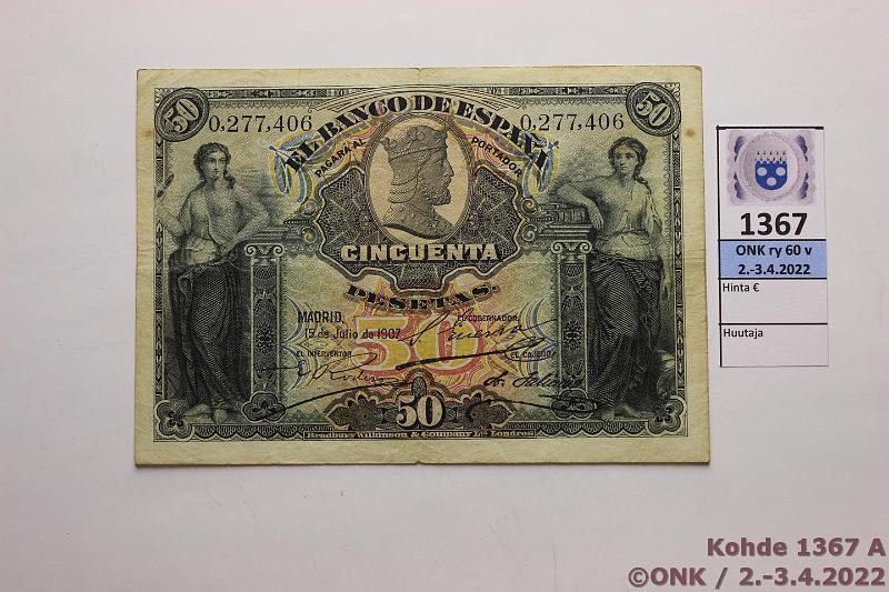 k-1367-a.jpg - Kohde 1367 (kuva 1/2), lhthinta: 25 € / myyntihinta: 34 € Espanja 50 ptas 1907 P#63 Tahroja, kunto: 4