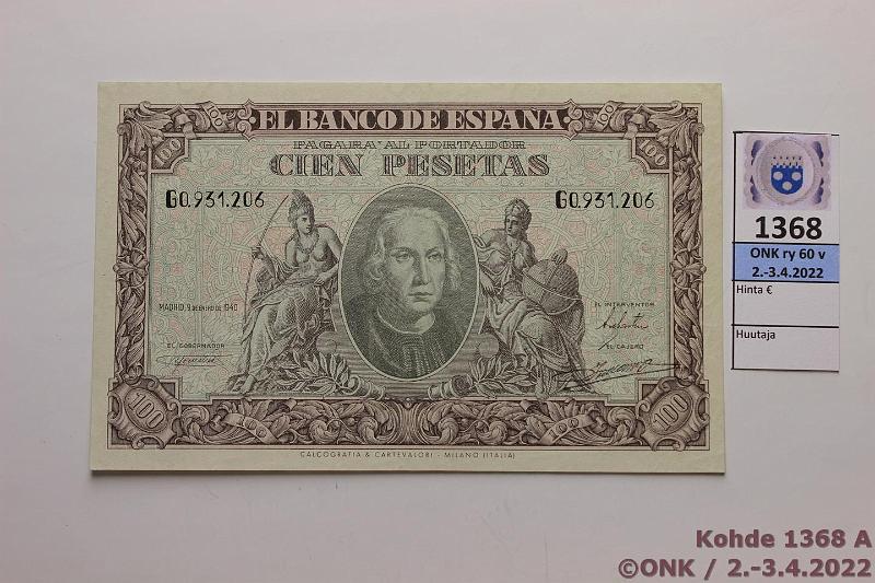 k-1368-a.jpg - Kohde 1368 (kuva 1/2), lhthinta: 75 € / myyntihinta: 90 € Espanja 100 ptas 1940 P#118, kunto: 9