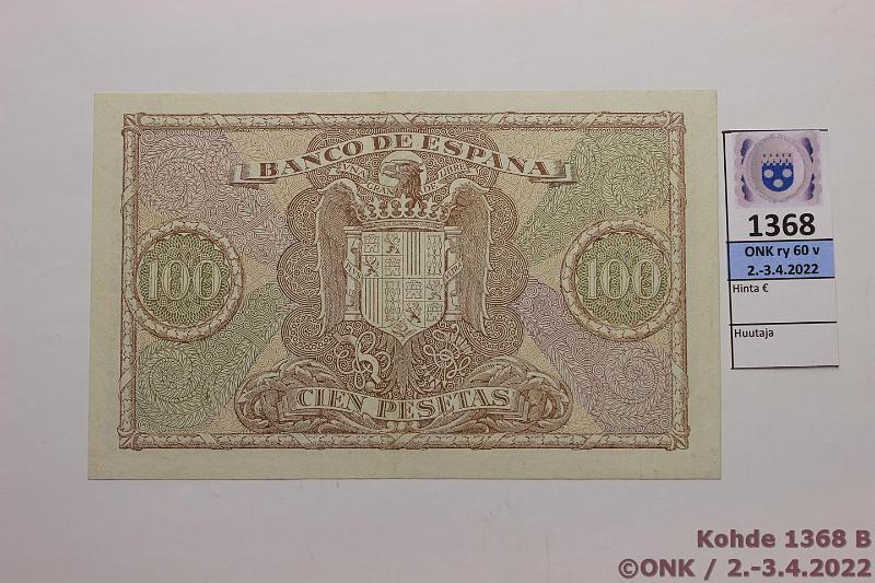 k-1368-b.jpg - Kohde 1368 (kuva 2/2), lhthinta: 75 € / myyntihinta: 90 € Espanja 100 ptas 1940 P#118, kunto: 9