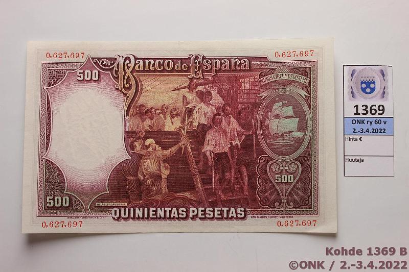 k-1369-b.jpg - Kohde 1369 (kuva 2/2), lhthinta: 55 € / ei tarjouksia Espanja 500 ptas 1931 P#84 Lhes nkymtn keskitaite, kunto: 8