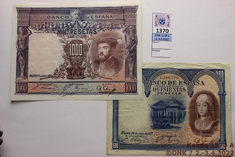 k-1370-a.jpg - Kohde 1370 (kuva 1/2), lhthinta: 95 € / myyntihinta: 95 € Espanja 500 + 1000 ptas 1927, -25 P#73a, 70c, kunto: 4, 5