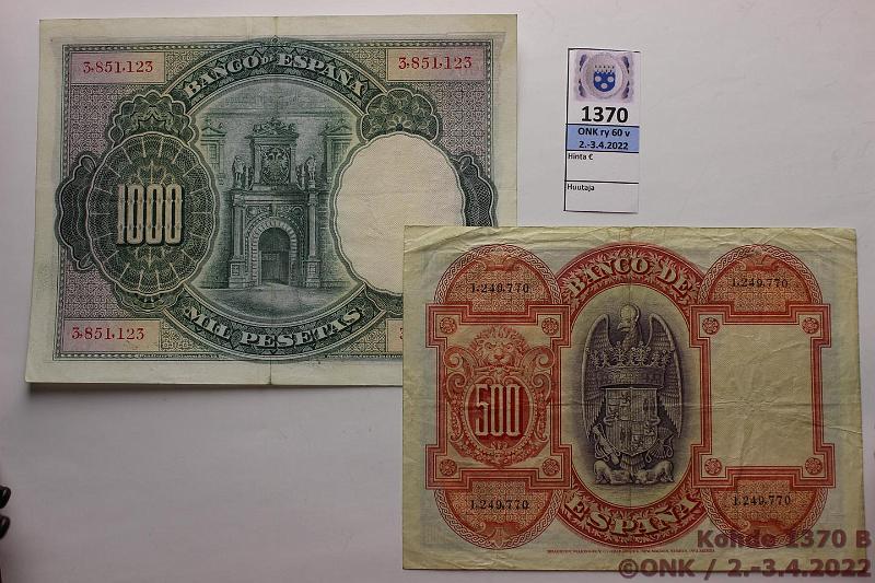 k-1370-b.jpg - Kohde 1370 (kuva 2/2), lhthinta: 95 € / myyntihinta: 95 € Espanja 500 + 1000 ptas 1927, -25 P#73a, 70c, kunto: 4, 5