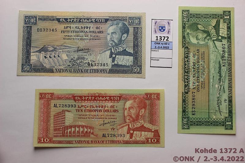 k-1372-a.jpg - Kohde 1372 (kuva 1/2), lhthinta: 115 € / myyntihinta: 125 € Etiopia 1 - 50 dollars (birr) (3) ND(1966) P#25, 27, 28 1, 10 ja 50d, kunto: 7-9