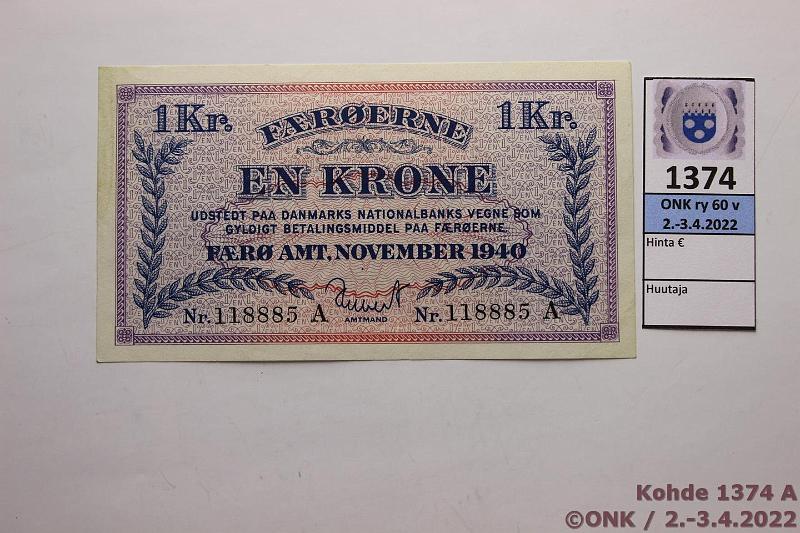 k-1374-a.jpg - Kohde 1374 (kuva 1/2), lhthinta: 115 € / myyntihinta: 115 € Fr-Saaret 1 kr 1940 P#9 118885 A, ei lpi setelin taitosta, kunto: 8