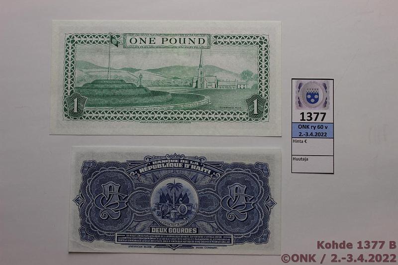 k-1377-b.jpg - Kohde 1377 (kuva 2/2), lhthinta: 95 € / ei tarjouksia Haiti 2 gourdes + Isle of Man 1  1982, -83 P#231A, 38 Molemmat varhaisia liikkeeseen laskettuja muoviseteleit, valmistettu Tyvek- ja Bradvek-muoveista ennen "nykyisi" polymeerimuoviseteleit, kunto: 9