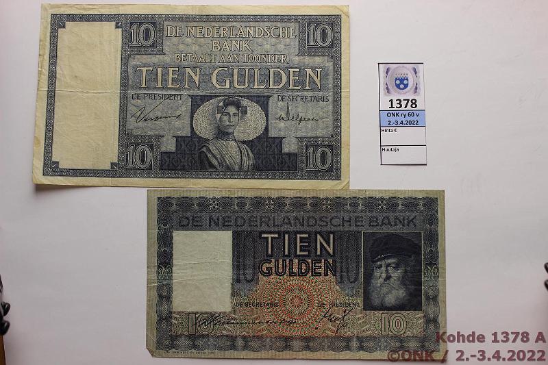 k-1378-a.jpg - Kohde 1378 (kuva 1/2), lhthinta: 35 € / myyntihinta: 35 € Hollanti 10 gulden (2) 1929, -39 P#43b, 49, kunto: 4