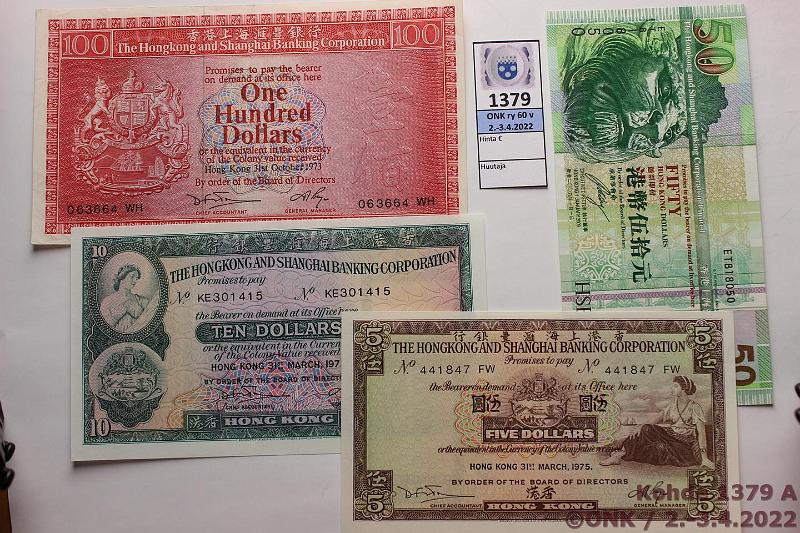 k-1379-a.jpg - Kohde 1379 (kuva 1/2), lhthinta: 65 € / ei tarjouksia Hong Kong 5 - 100 $ (4) P#181f, 182g,185c, 208f 5, 10, 50 ja 100 $, kunto: 6-9