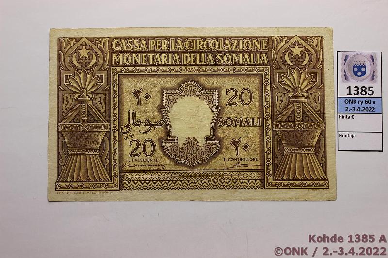 k-1385-a.jpg - Kohde 1385 (kuva 1/2), lhthinta: 195 € / myyntihinta: 195 € Italian Somalimaa 20 somali 1950 P#14 A020 082785, sil?, kunto: 4