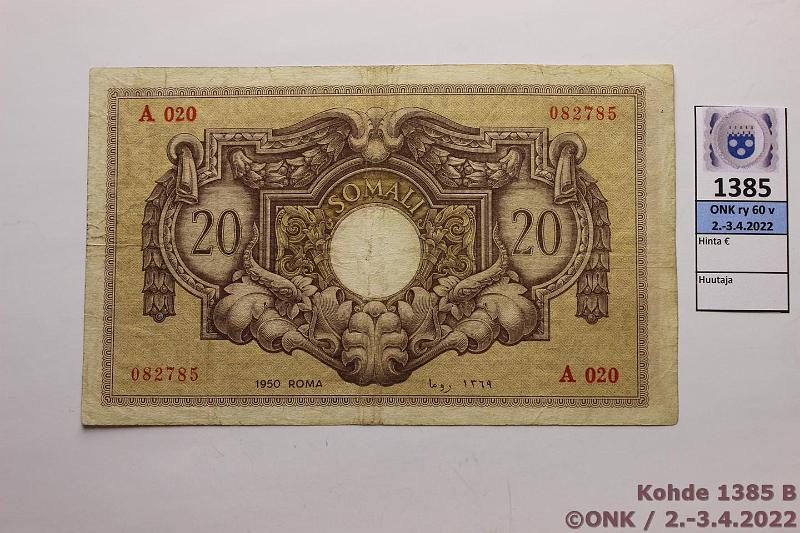 k-1385-b.jpg - Kohde 1385 (kuva 2/2), lhthinta: 195 € / myyntihinta: 195 € Italian Somalimaa 20 somali 1950 P#14 A020 082785, sil?, kunto: 4