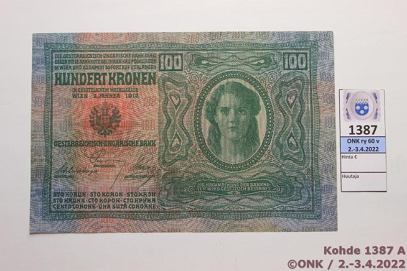 k-1387-a.jpg - Kohde 1387 (kuva 1/2), lhthinta: 25 € / myyntihinta: 25 € Itvalta 100 kr 12.1.1912 P#12 218135019, kunto: 9